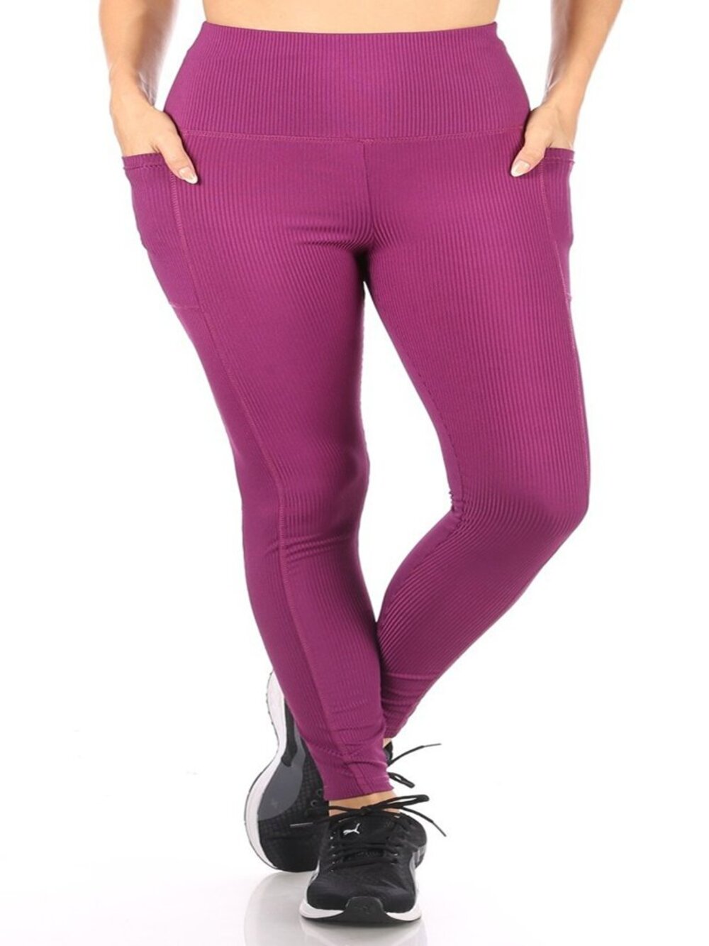 Women Sculpting High Waist Spandex Sports Leggings w/Pockets Magenta S & M